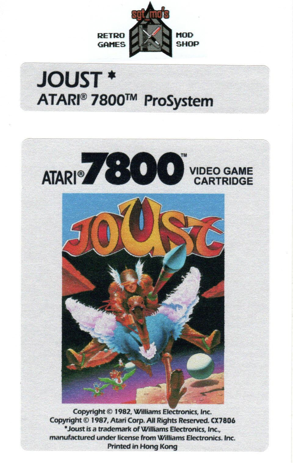 Atari 7800 Replacement Label - Joust [Custom Color]